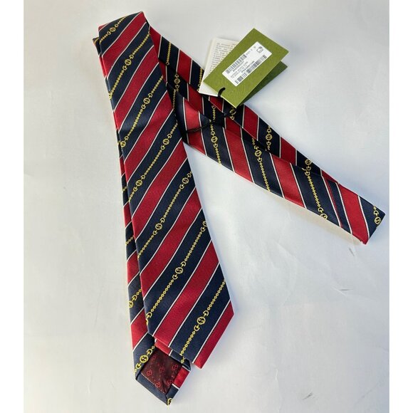 Gucci Navy/red Silk Interlocking G Chain Striped Tie - Picture 4 of 11